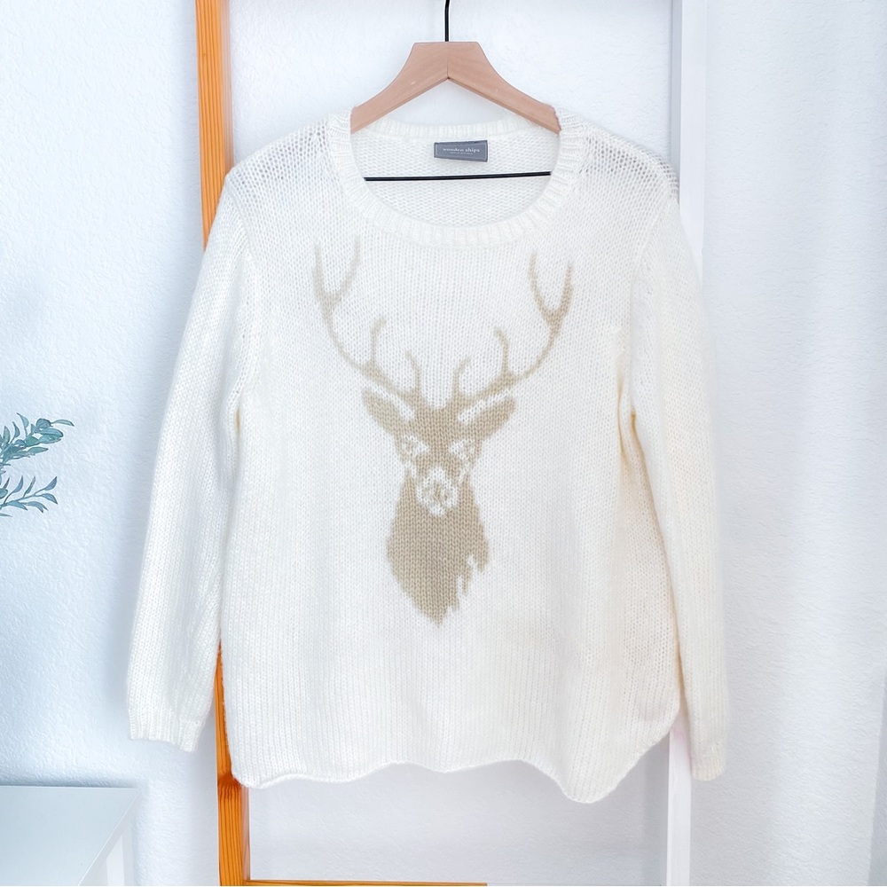 Wooden Ships Soft And Cozy Deer Sweater Cream Tan Oversized Relaxed